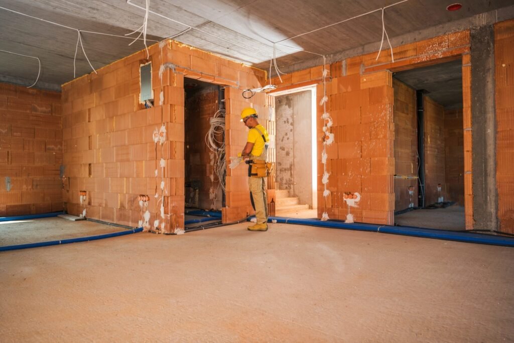 Caucasian Construction Worker Finishing Building Interior